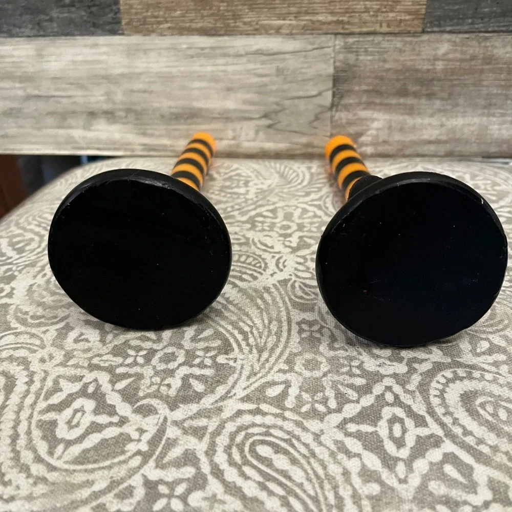 Halloween Witch Leg Taper Candles Orange Black Striped Boot Base Set of 2